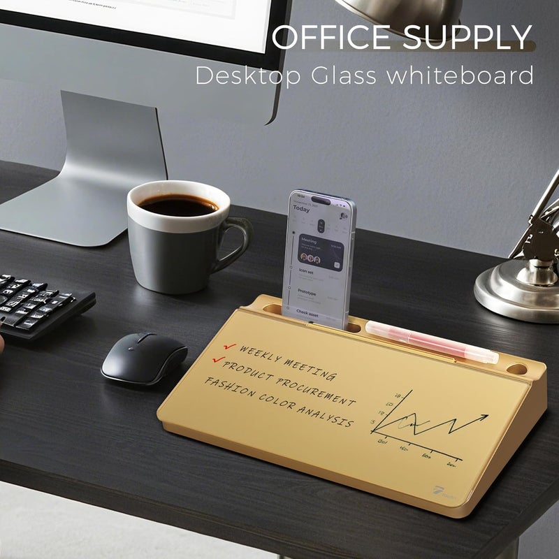 TOWON Small Compact Glass Desktop Whiteboard with Storage – 12 x 7 in Dry Erase Board for Desk, Home Office, School | Includes 5 Markers, Eraser & Holder | Space-Saving Organizer, Metallic Gold - Image 2